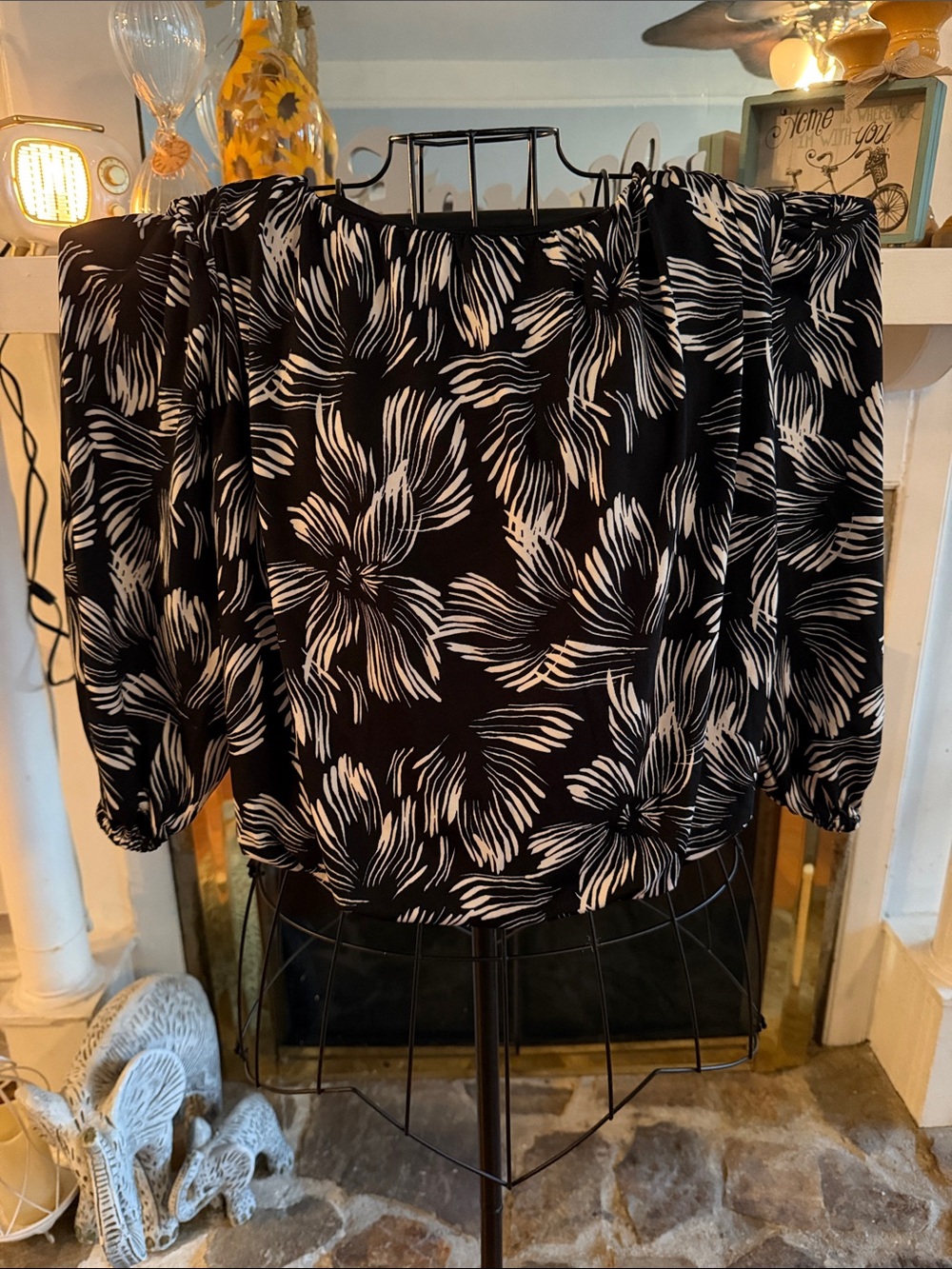 Ava & Grace Black and White Floral Off-Shoulder Blouse